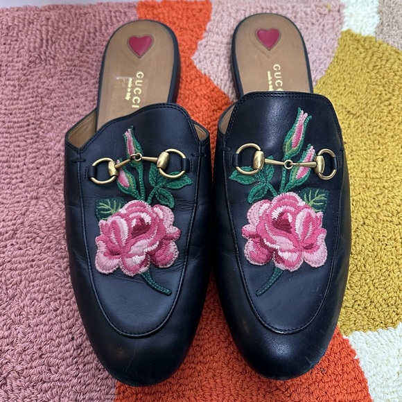 Gucci women’s Princetown embroidered black floral rose mules size 40 1/2 - Picture 3 of 14